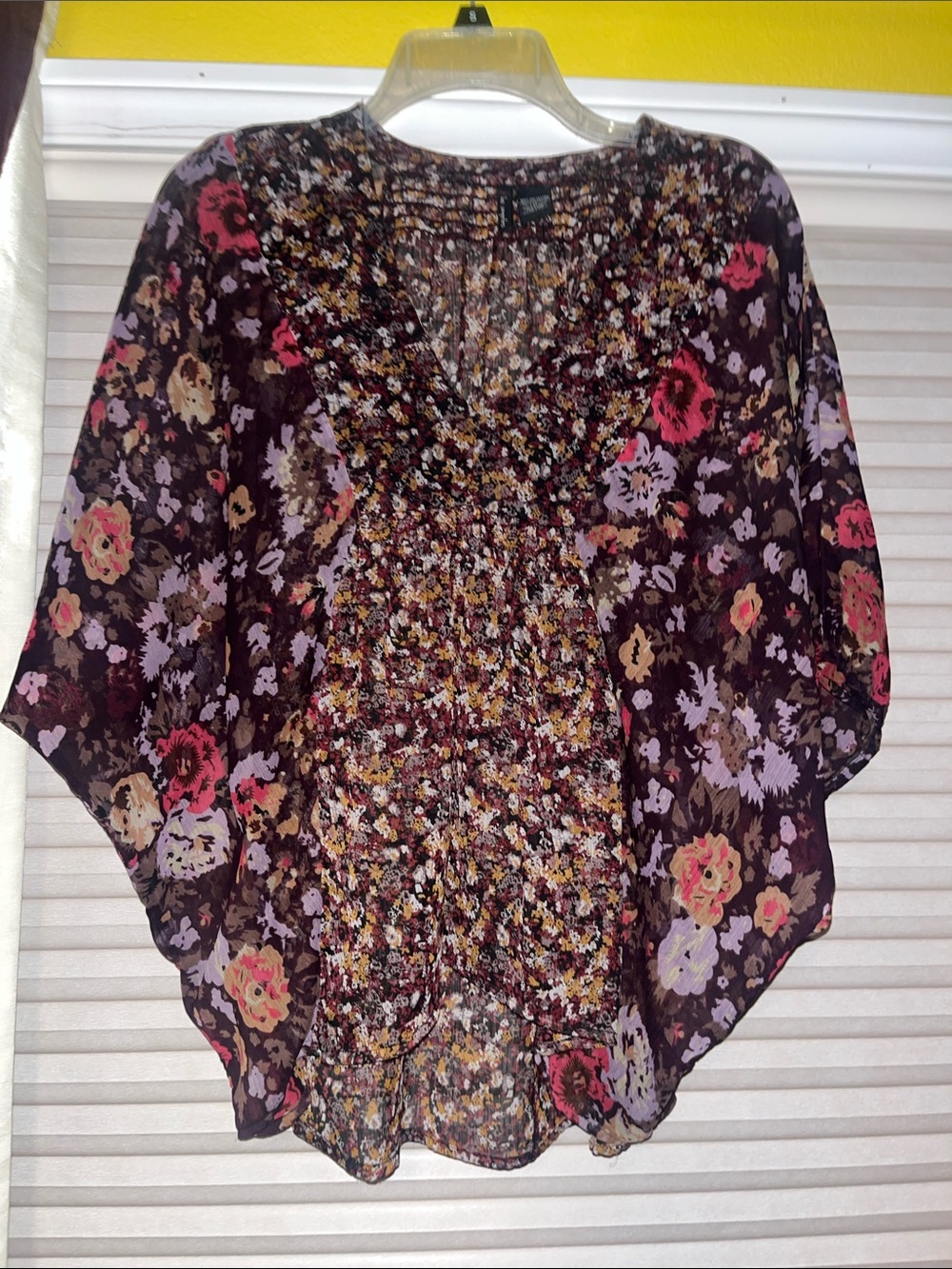 Lightweight Floral Women’s V neck Top - Brown with Pink & Lavender Flowers